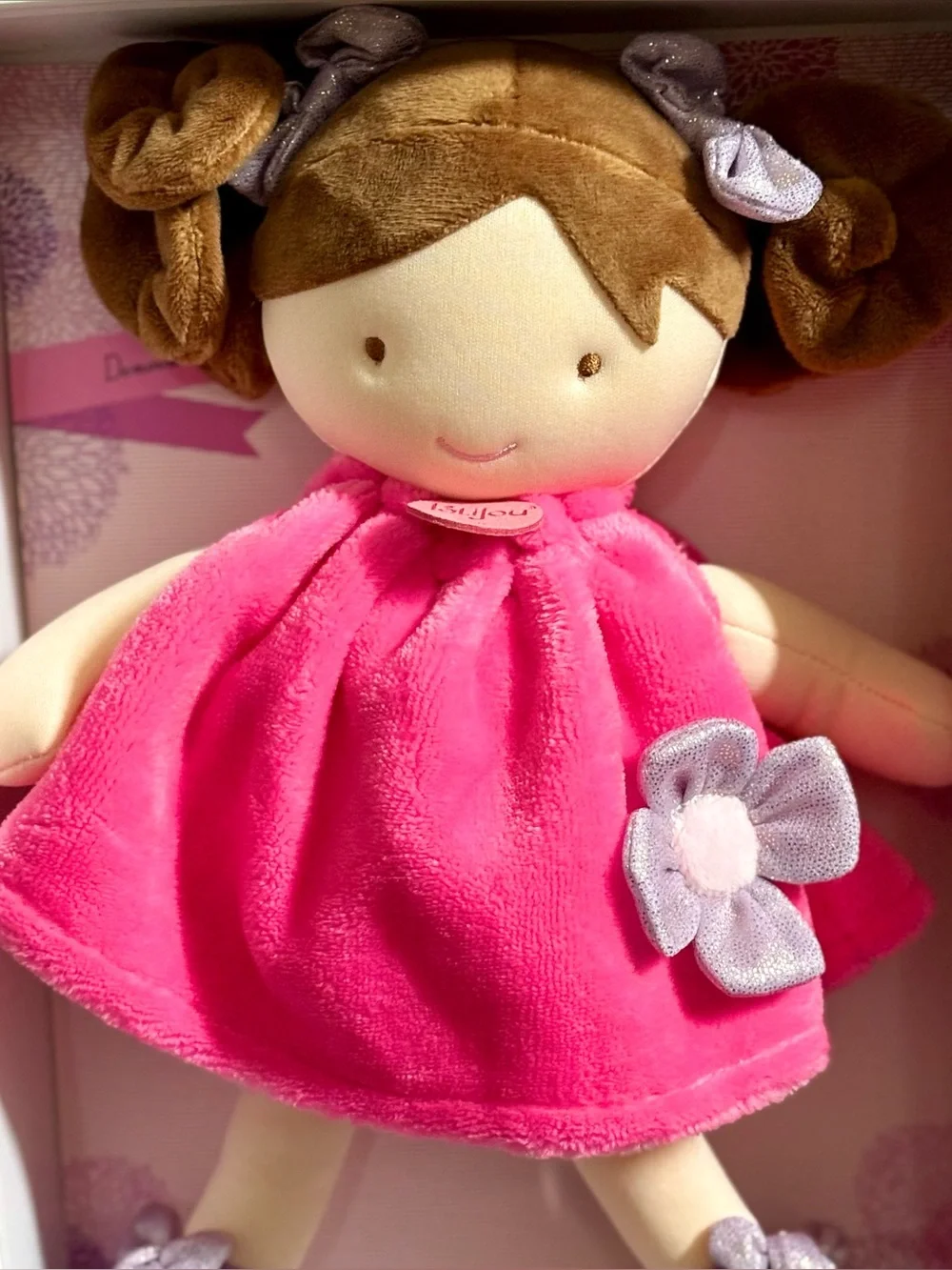 Jolijou Paris Demoiselle Pretty Brown Hair Plush Doll Toy Lovey Pink‎ Dress NEW